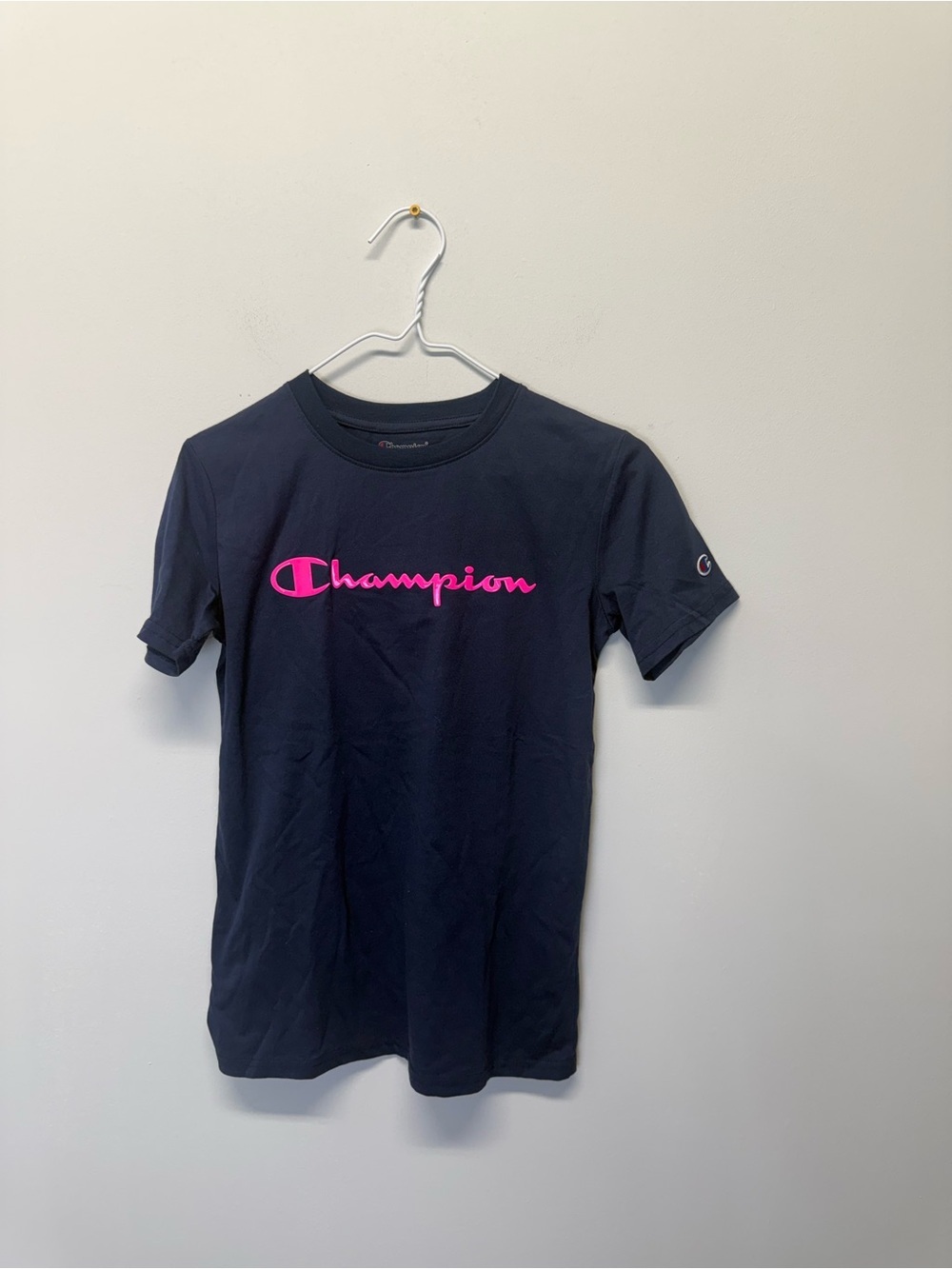 Champion Navy Short Sleeve Tee with Pink Logo Boys Large 10-12 NWT